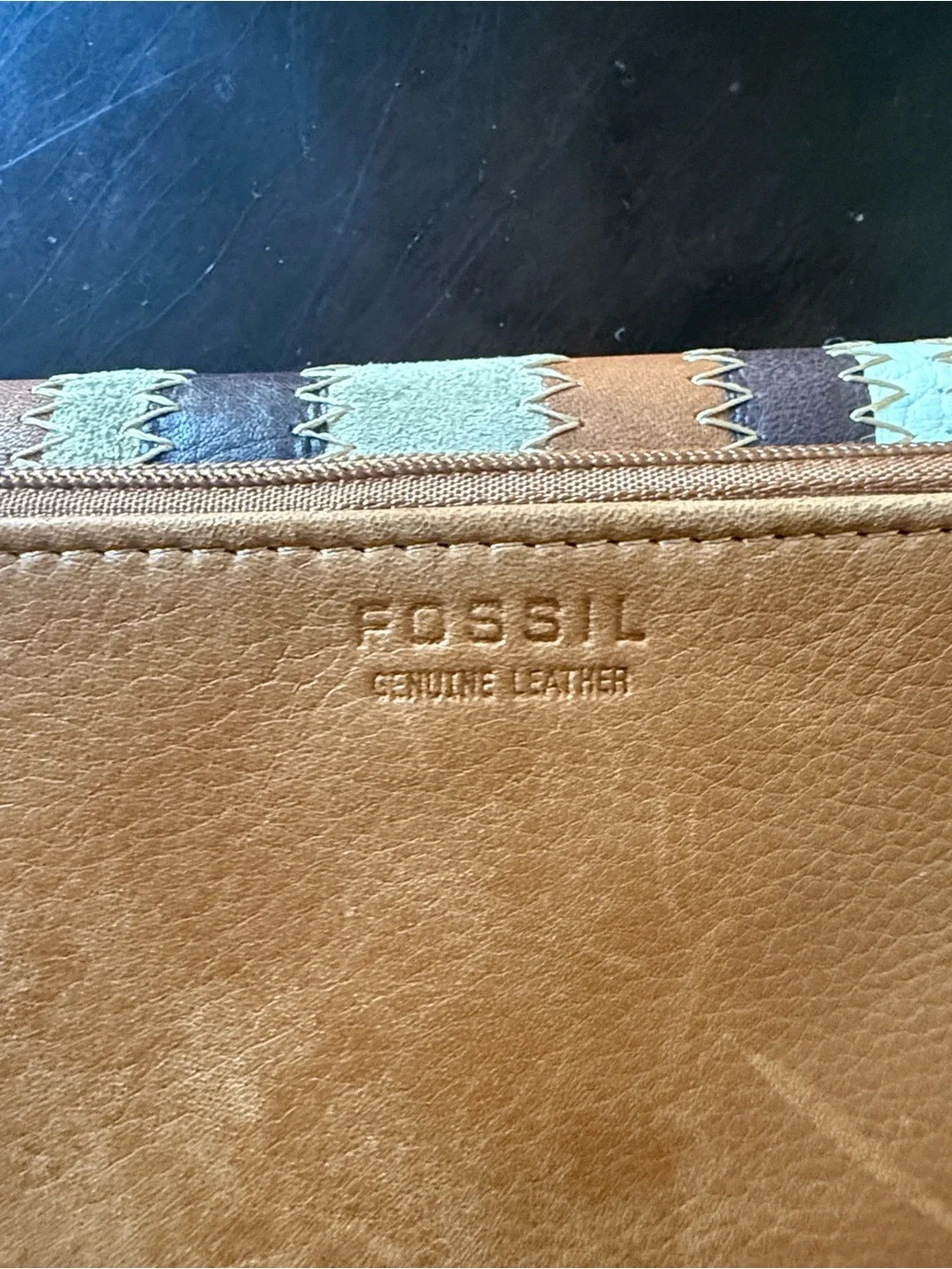 Vtg Fossil Striped Patchwork Genuine Leather Tri Fold Wallet